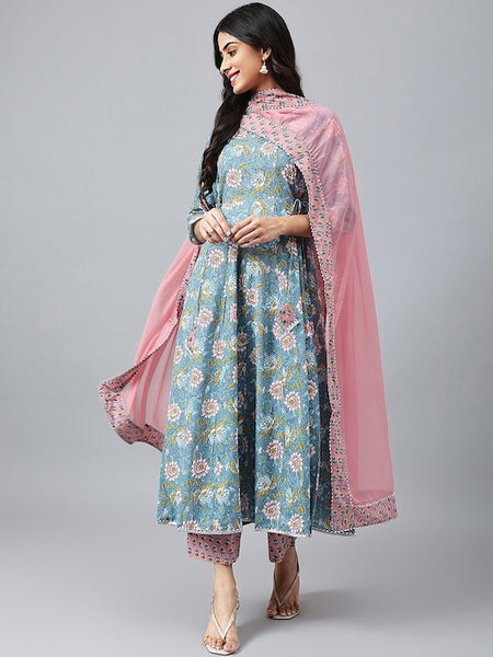 Women Floral Printed Gotta Patti Pure Cotton Kurta with Palazzos & Dupatta