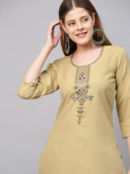 Women Beige Floral Yoke Design Straight Kurta with Trousers & With Dupatta