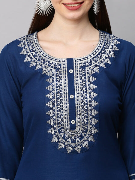 Women Navy Blue Ethnic Motifs Embroidered Thread Work Kurta with Trouser & Dupatta