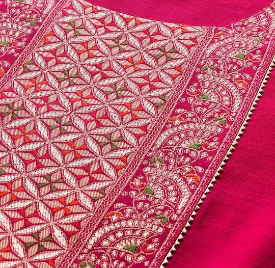 Women Magenta & Golden Ethnic Motifs Yoke Design Kurta with Trousers & Dupatta