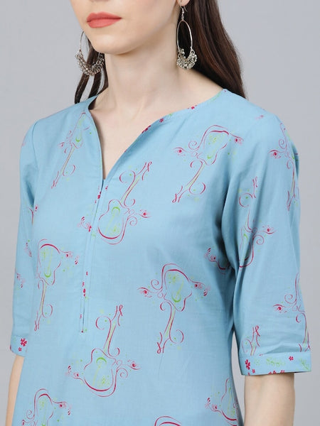 Women Blue Abstract Printed Pure Cotton Kurta with Palazzos & With Dupatta
