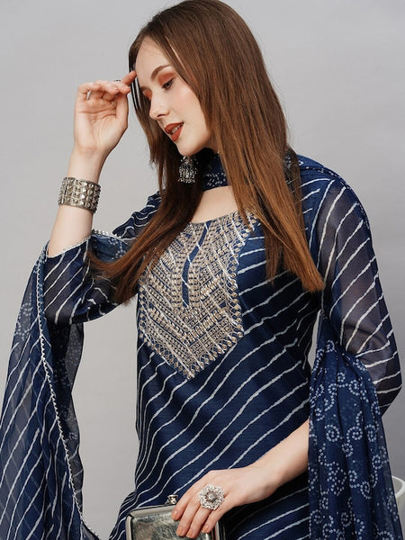 Women Bandhani Printed Regular Kurta with Trousers & Dupatta