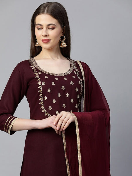 Women Maroon Embroidered Gotta Patti Kurta with Palazzos & With Dupatta