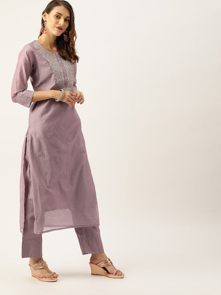 Women Mauve Zari Yoke Design Chanderi Silk Kurta with Trousers & Dupatta VitansEthnics