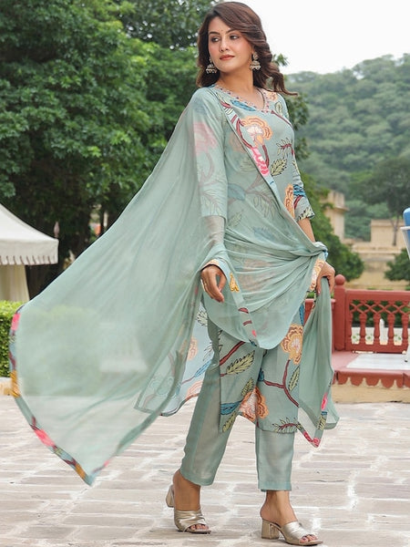 Women Floral Printed V-Neck Straight Kurta & Trousers With Dupatta