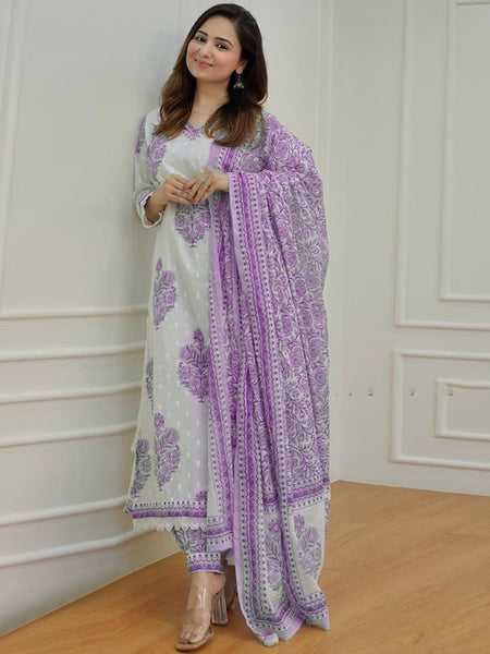 Floral Printed Pure Cotton Straight Kurta with Patiala & With Dupatta