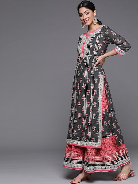 Women Grey Ethnic Motifs Printed Kurta with Sharara