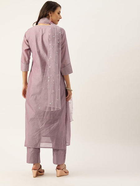 Women Mauve Zari Yoke Design Chanderi Silk Kurta with Trousers & Dupatta VitansEthnics