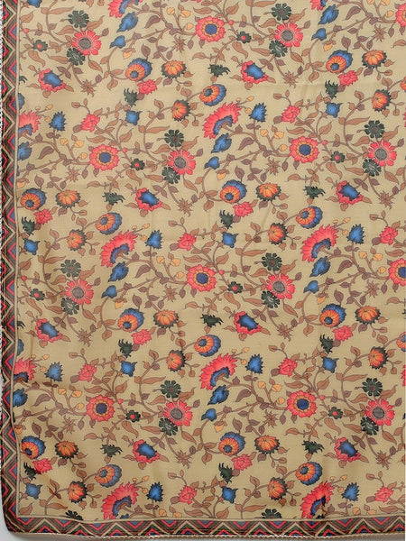 Women Beige Floral Yoke Design Straight Kurta with Trousers & With Dupatta