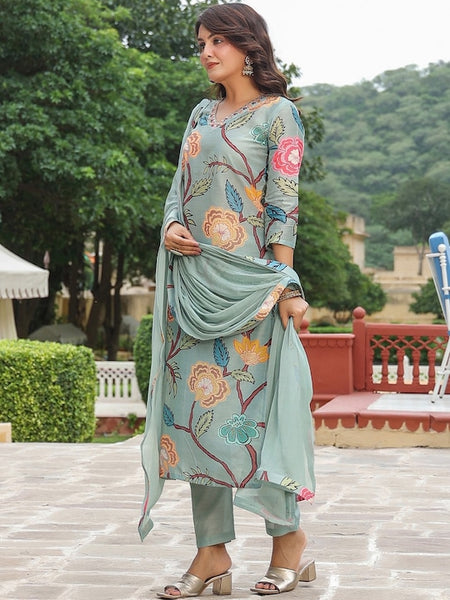 Women Floral Printed V-Neck Straight Kurta & Trousers With Dupatta