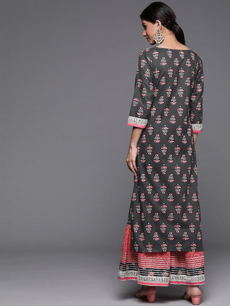 Women Grey Ethnic Motifs Printed Kurta with Sharara