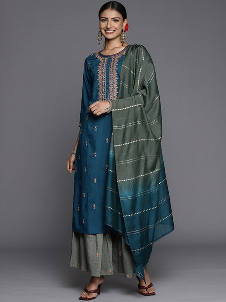 Women Blue Ethnic Motifs Yoke Design Thread Work Kurta with Sharara & With Dupatta