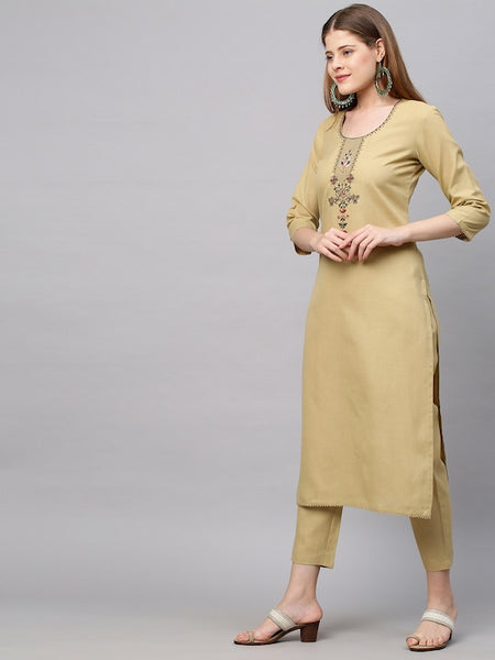 Women Beige Floral Yoke Design Straight Kurta with Trousers & With Dupatta