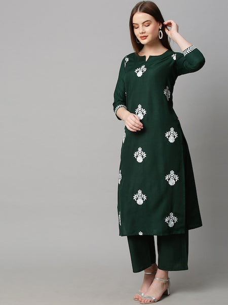 Women Green Ethnic Motifs Embroidered Thread Work Kurta with Palazzo & Dupatta