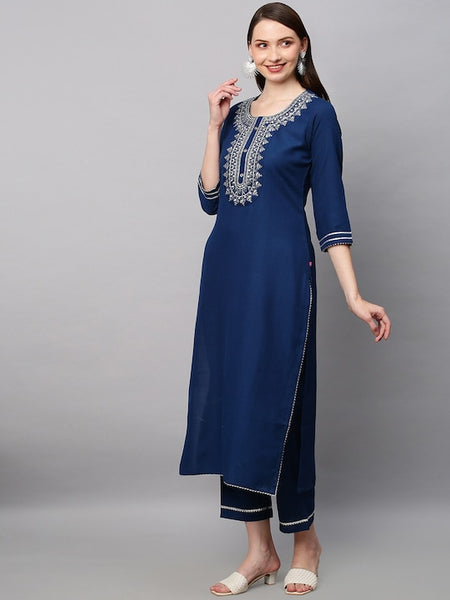 Women Navy Blue Ethnic Motifs Embroidered Thread Work Kurta with Trouser & Dupatta