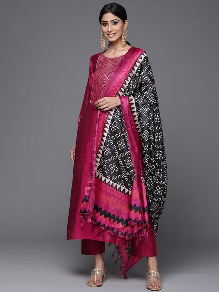 Women Magenta & Golden Ethnic Motifs Yoke Design Kurta with Trousers & Dupatta