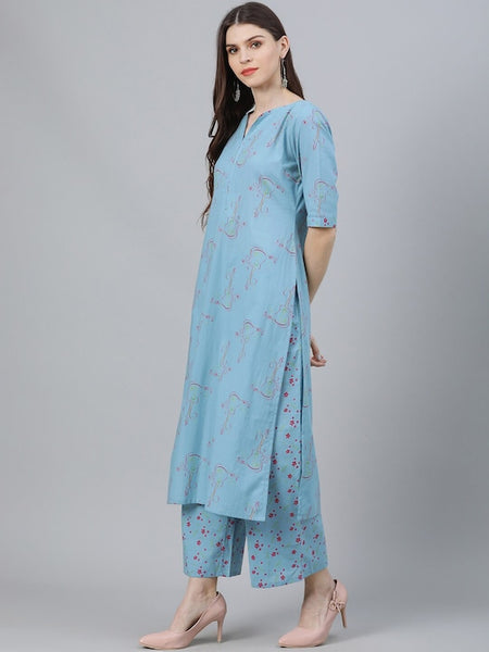 Women Blue Abstract Printed Pure Cotton Kurta with Palazzos & With Dupatta