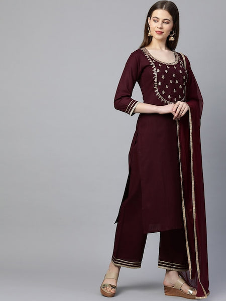 Women Maroon Embroidered Gotta Patti Kurta with Palazzos & With Dupatta