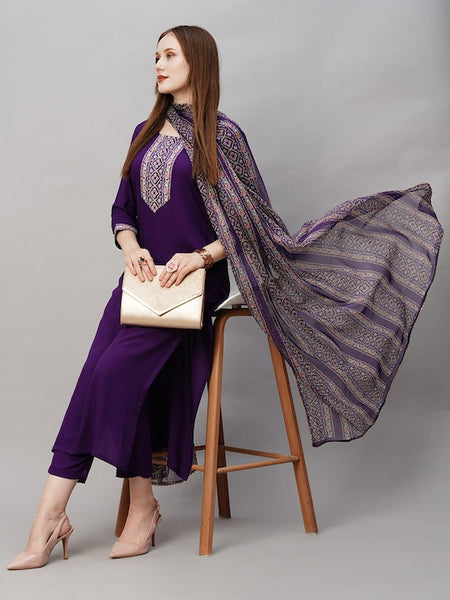 Women Solid Straight Kurta with Trousers & With Dupatta