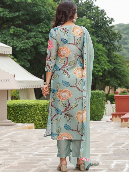 Women Floral Printed V-Neck Straight Kurta & Trousers With Dupatta