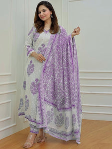 Floral Printed Pure Cotton Straight Kurta with Patiala & With Dupatta