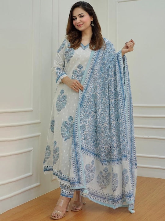 Women Floral Printed Pure Cotton Straight Kurta with Patiala & With Dupatta