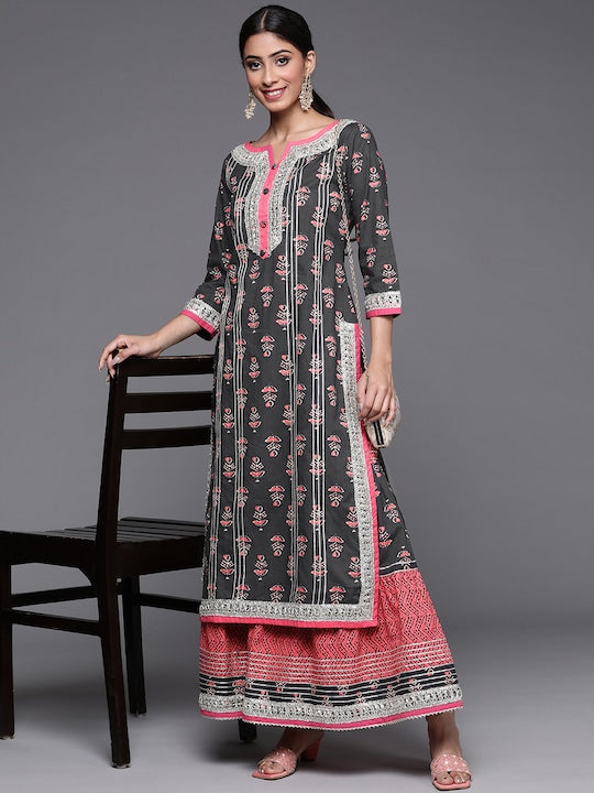 Women Grey Ethnic Motifs Printed Kurta with Sharara
