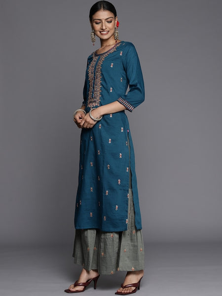 Women Blue Ethnic Motifs Yoke Design Thread Work Kurta with Sharara & With Dupatta