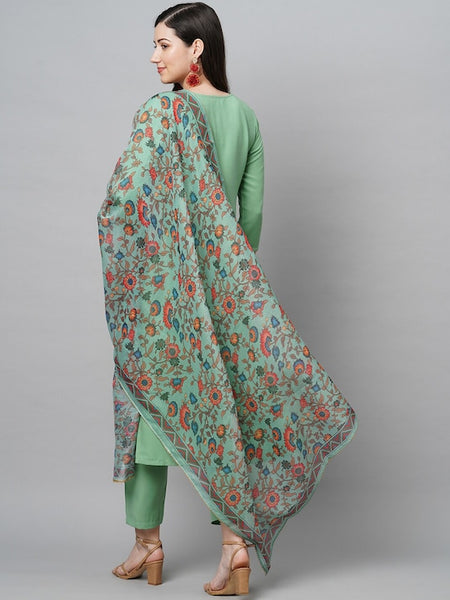 Women Green Embroidered Thread Work Kurta with Trousers & Dupatta