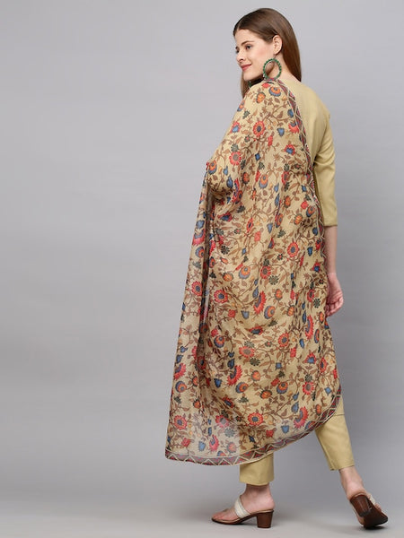 Women Beige Floral Yoke Design Straight Kurta with Trousers & With Dupatta