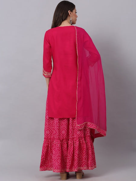 Women Pink Floral Embroidered Layered Gotta Patti Kurti with Sharara & With Dupatta