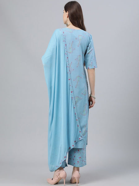 Women Blue Abstract Printed Pure Cotton Kurta with Palazzos & With Dupatta