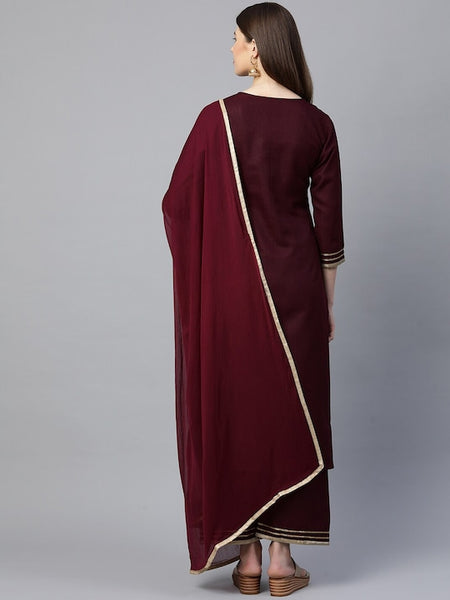 Women Maroon Embroidered Gotta Patti Kurta with Palazzos & With Dupatta