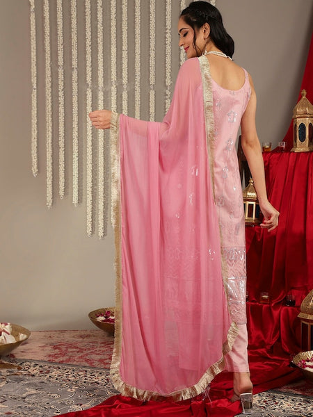 Women Pink & Silver Ethnic Embroidered Sequinned Kurta with Trousers & Dupatta