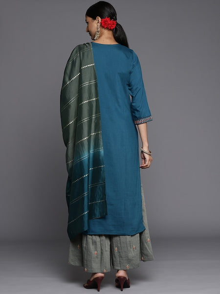 Women Blue Ethnic Motifs Yoke Design Thread Work Kurta with Sharara & With Dupatta