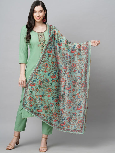 Women Green Embroidered Thread Work Kurta with Trousers & Dupatta
