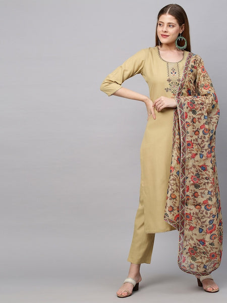 Women Beige Floral Yoke Design Straight Kurta with Trousers & With Dupatta