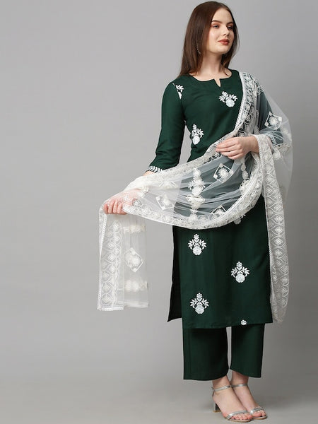 Women Green Ethnic Motifs Embroidered Thread Work Kurta with Palazzo & Dupatta