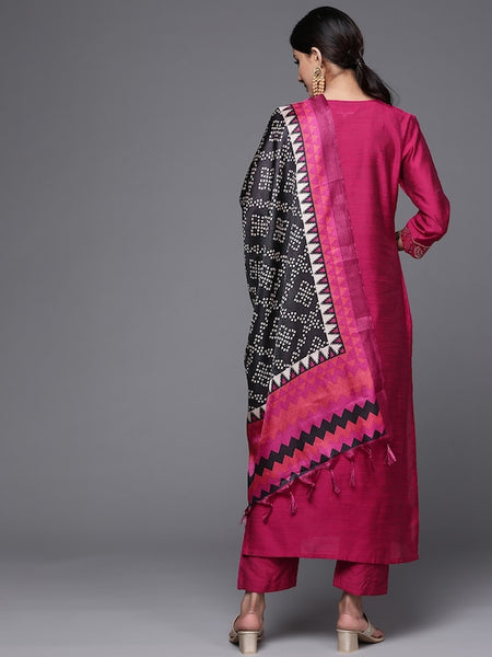 Women Magenta & Golden Ethnic Motifs Yoke Design Kurta with Trousers & Dupatta