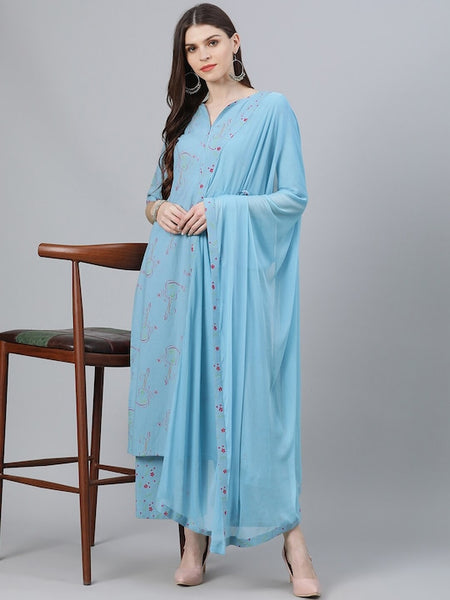 Women Blue Abstract Printed Pure Cotton Kurta with Palazzos & With Dupatta