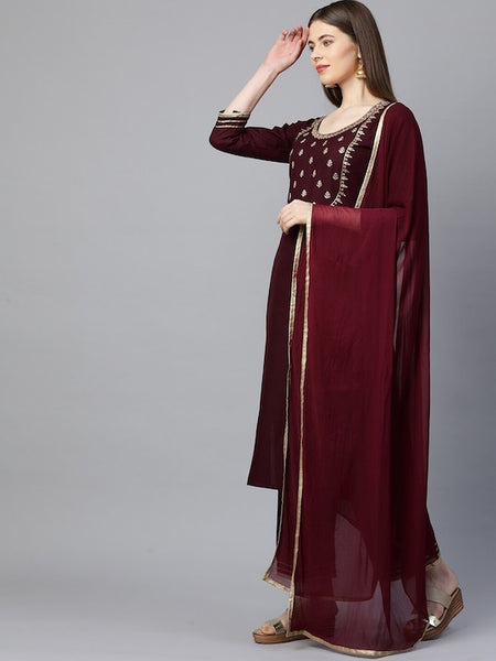 Women Maroon Embroidered Gotta Patti Kurta with Palazzos & With Dupatta