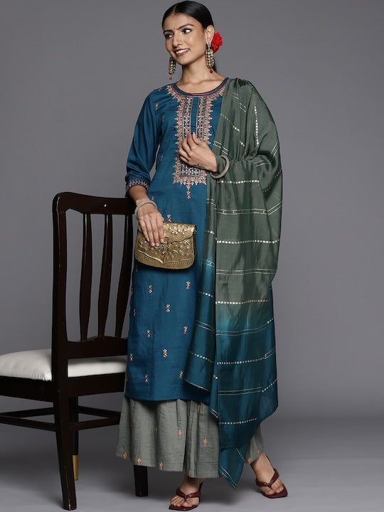 Women Blue Ethnic Motifs Yoke Design Thread Work Kurta with Sharara & With Dupatta