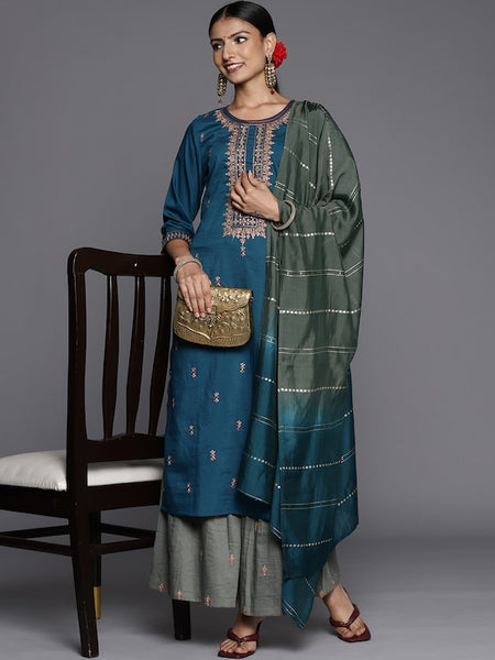 Women Blue Ethnic Motifs Yoke Design Thread Work Kurta with Sharara & With Dupatta