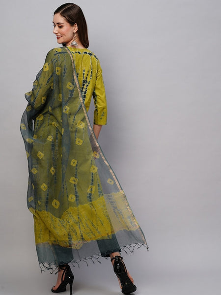 Women Tie Dye Ethnic Motifs Printed V-Neck Regular Kurta With Trousers & Dupatta VitansEthnics