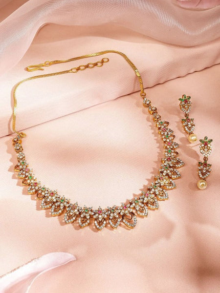 Women Gold-Plated Multicolour Cubic Zirconia Studded Floral Leaf Design Necklace Set VitansEthnics
