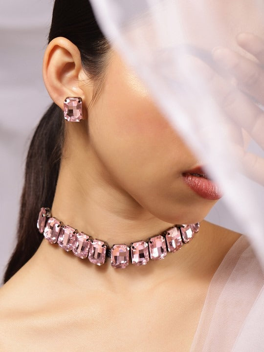 Women Rhodium Plated Pastel Pink Crystal Cubic Zirconia Studded Choker Set VitansEthnics