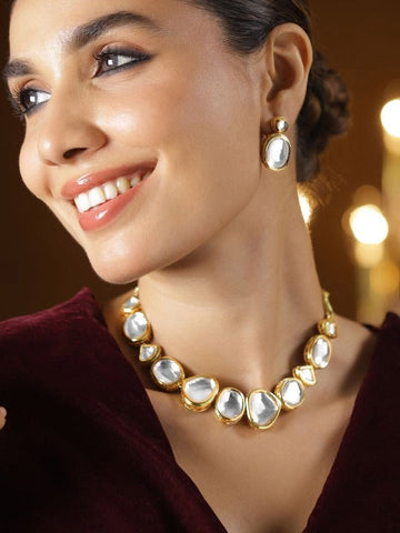 Women Gold-Plated White Kundan Studded Handcrafted Choker Necklace Set VitansEthnics