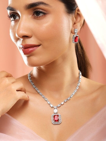 Women Rhodium-Plated Ruby Red & White Cubic Zirconia Studded Necklace Set VitansEthnics