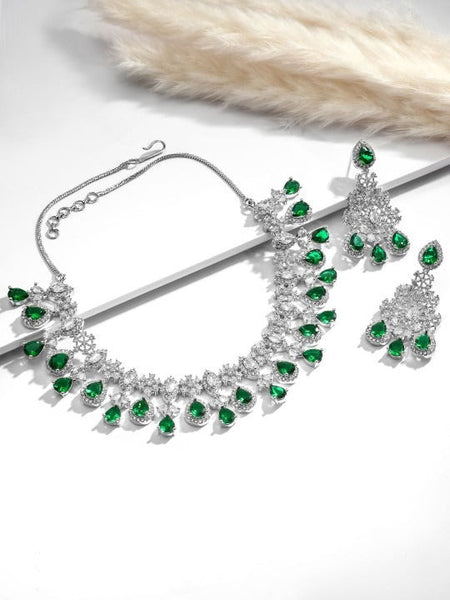 Women Rhodium Plated Emerald Green & White Cubic Zirconia Studded Statement Jewellery Set VitansEthnics