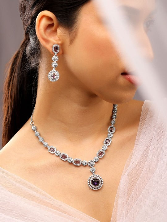 Women Rhodium-Plated Amethyst Purple & AAA Cubic Zirconia Necklace Set in Silver Tone VitansEthnics